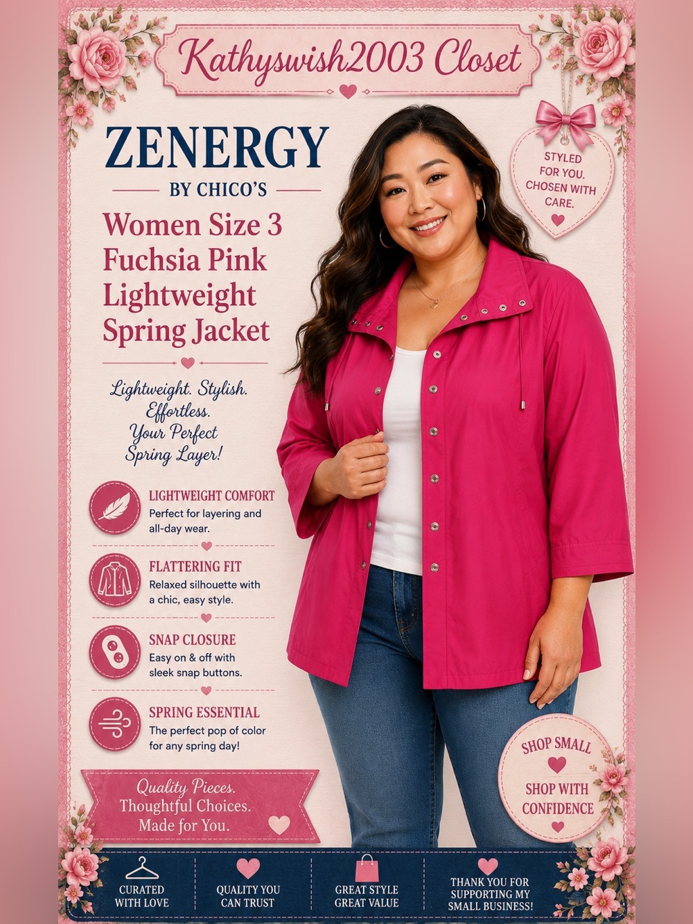 Zenergy by Chico's Women Size 3 Fuchsia Pink Lightweight Spring Jacket